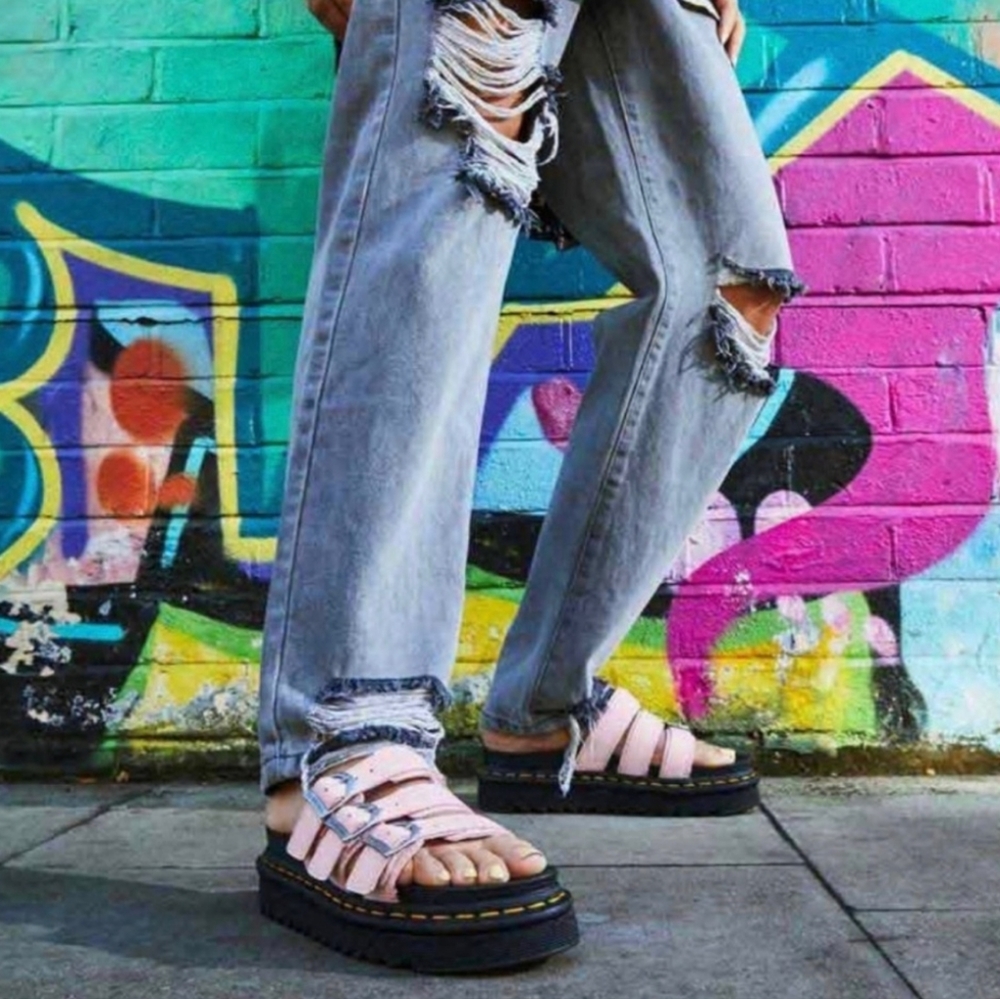 Dr Martens BLAIRE LEATHER SLIDE SANDALS Size 10 Classic Boho Retro Pastel Pink - Picture 2 of 16